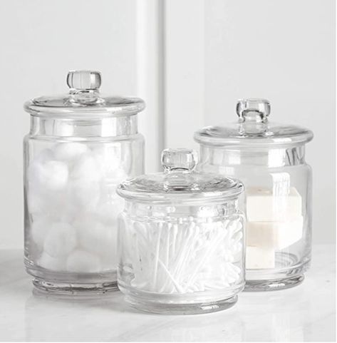 Organizations Ideas, Apothecary Jars Bathroom, Bathroom Jars, Storage Decor, Small Glass Jars, Glass Apothecary Jars, Bathroom Counters, Glass Jars With Lids, Bathroom Storage Organization