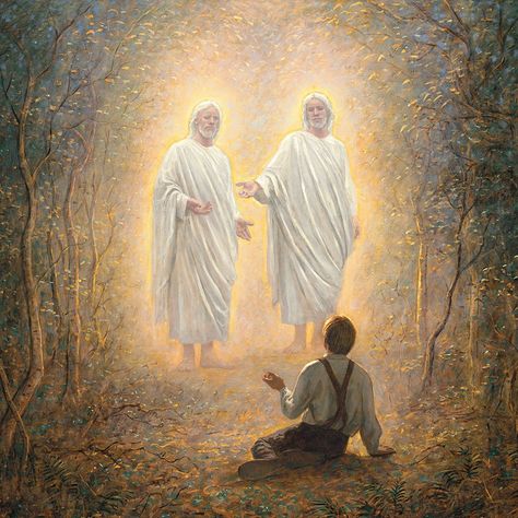 “It was a fact that I had beheld a vision. I had actually seen a light, and in the midst of that light I saw two Personages, and they did in reality speak to me; and though I was hated and persecuted for saying that I had seen a vision, yet it was true. I knew it, and I knew that God knew it, and I could not deny it.” #JosephSmith, the Prophet ... Learn more facebook.com/217921178254609 and #passiton. #ShareGoodness First Vision Art, Jon Mcnaughton, Lds Pictures, Lds Memes, Sacred Groves, Nature Of God, Lds Art, Joseph Smith, Church History