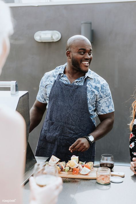 Cheerful chef grilling barbeque skewers at a rooftop party | premium image by rawpixel.com / McKinsey Barbeque Skewers, Vegan Barbeque, How To Cook Gammon, Rooftop Birthday, Happy Single Life, Protein Calculator, Chef Grill, Happy Single, Cooking Fever