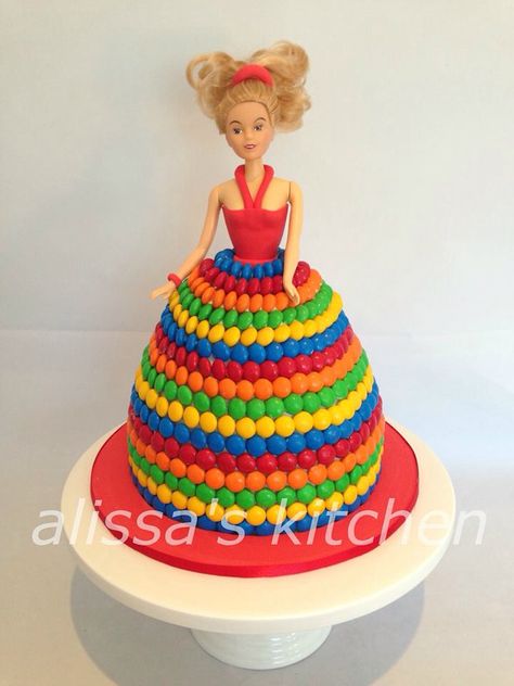 Dolly Varden M&M cake Dolly Varden Cakes, Dolly Cakes, Dolly Varden Cake, Lolly Cake, M&m Cake, Dolly Varden, Cake Structure, Dino Cake, Barbie Doll Cakes