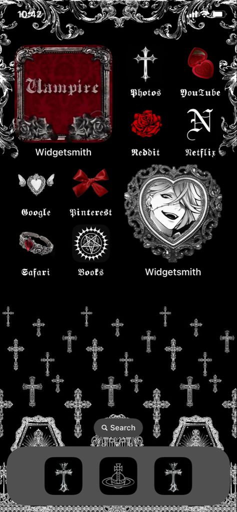 Gothic Homescreen Layout, Vkei Phone Layout, Goth Ios Layout, Gothic Iphone Layout, Gothic Phone Layout, Gothic Home Screen, Vampire Homescreen, Goth Home Screen, Gothic Phone Theme