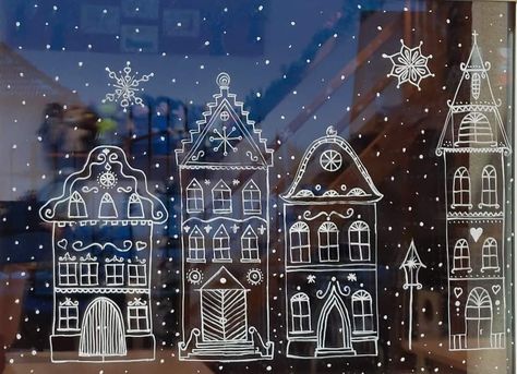 Holiday Chalk Window Art, Christmas Window Houses, Simple Window Painting Ideas Christmas, Christmas Glass Painting Ideas Window, Christmas Village Window Art, White Pen Window Drawing Christmas, Window Stencils Christmas, Christmas Window Art Easy, Posca Window Art Christmas