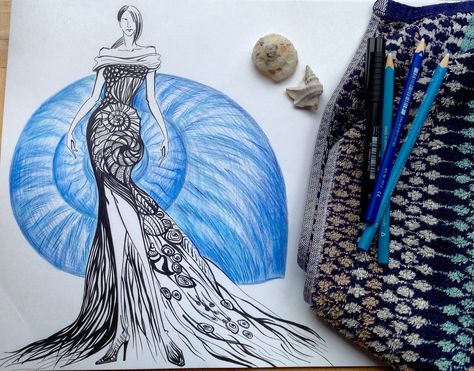 The Sea Shell Dress, pen & pencil illustration. Sea Shell Fashion Dress, Sea Shell Dress Design, Sea Shell Inspired Dress, Ocean Theme Dress Illustration, Sea Shell Inspired Fashion, Seashell Inspired Fashion, Sea Shell Drawing, Sea Shell Dress, Sea Inspired Fashion