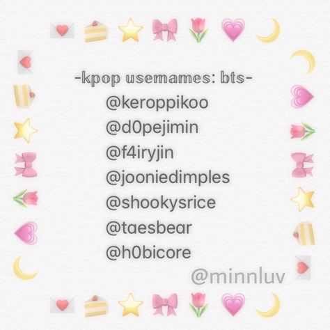 Cute Aesthetic Usernames Kpop, Aesthetic Insta I'd Names, Kpop Ig Username Ideas, Aesthetic Insta Username Ideas Korean, Kpop Related Username, Cute Kawaii Username Ideas, Kpop Fan Username Ideas, Usernames For Mia, Sana Username Ideas