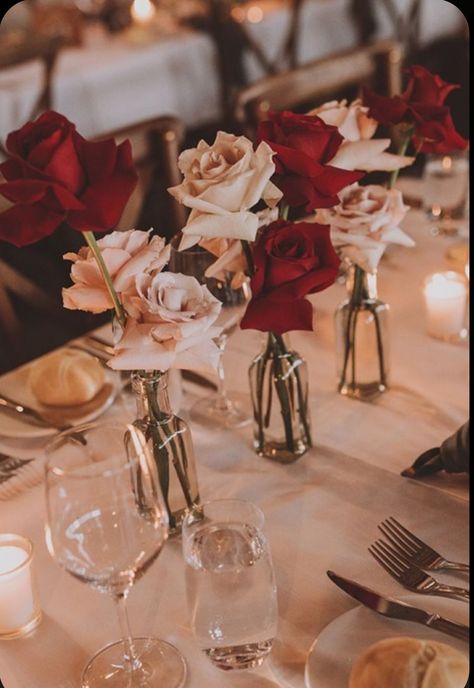 Guest Tables Wedding, Main Table Wedding, Dining Table Candles, Red Roses Centerpieces, Rose Centerpieces Wedding, Bud Vases Wedding, Burgundy Wedding Flowers, Burgundy And Blush Wedding, Tables Wedding