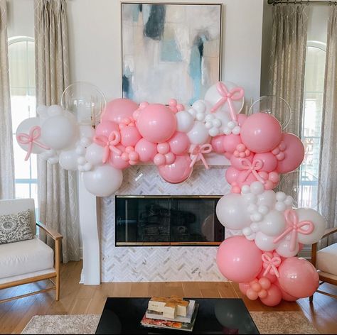 Pink Pearl Birthday Party, All Pink Balloon Garland, Balloon Bows Diy, Bow Themed Graduation Party, Balloon Bow Garland, Love Shack Fancy Bachelorette, Bow Party Decorations, Ballerina Balloon Garland, Love Shack Fancy Grad Party