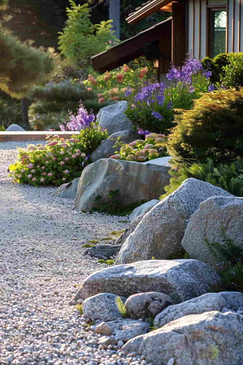 27 Unique Garden Edging Inspirations for a Distinctive Garden Granite Garden Ideas, Villa De Leyva, Large Rocks In Garden, Border Edge Ideas, Semi Circle Garden Bed, Mountain Garden Design, Drain Field Landscaping, Types Of Landscaping Styles, Maine Garden Ideas