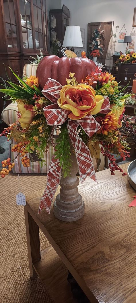 Candlestick pumpkin arrangement! I... - The Country porch Fall Candlestick Centerpiece, Pumpkin On Candlestick, Candlestick Pumpkin, Pumpkin Pedestal, Fall Candlesticks, Pedestal Arrangements, Pumpkin Candlesticks, Candlestick Arrangements, Fall Candle Centerpieces