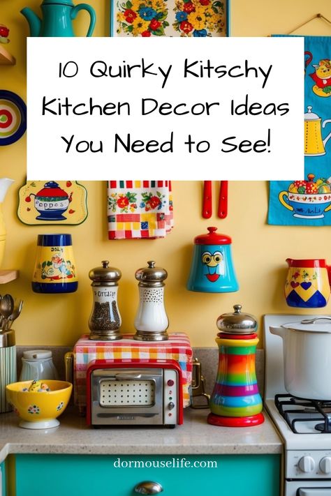 Unleash your imagination with these whimsical kitschy kitchen decor ideas! Transform your cooking space into a retro paradise by adding quirky accessories and funky colors that will make every meal feel like a blast from the past. Say goodbye to boring kitchens and hello to a world of fun and creativity! Dive into this collection of unique and nostalgic pieces that will surely bring smiles to your face every time you step foot in your kitchen. Bright Retro Kitchen, Food Themed Kitchen Decor, Whimsical Kitchen Ideas, Retro House Decor Ideas, Quirky Kitchen Ideas, Merry Mushroom Kitchen, Kitchy Kitchens, 50s Kitchen Vintage, Rooster Decor Farmhouse