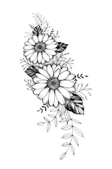 Flower Tattoo Designs Sunflowers, Daisy Sketch Tattoo, Daisy Thigh Tattoo, Margarita Flower Tattoo, Daisy Flower Tattoo Designs, Daisy Sleeve Tattoo, Daisy Tatoos, Daisies Tattoo, Tattoo Designs Floral