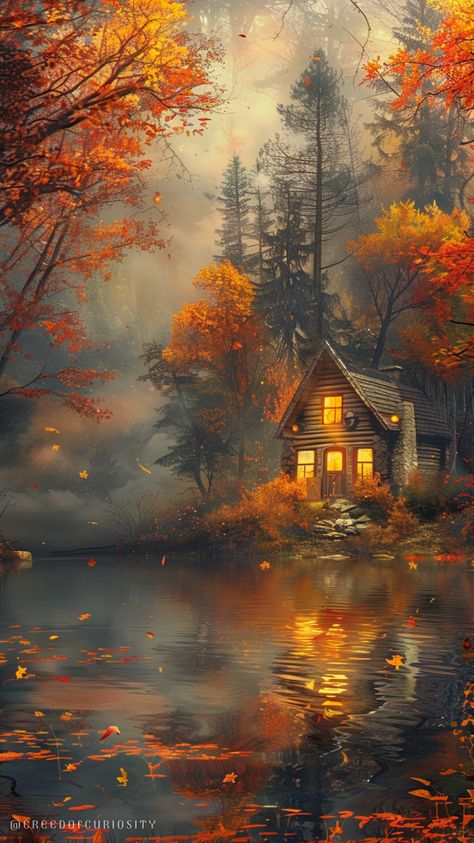 autumn forest, cozy cabin, warm glowing windows, lakeside reflections, vibrant orange and yellow leaves, peaceful atmosphere, foggy woods, still water, scattered leaves on the lake, serene fall evening, inviting glow, rustic charm, quiet solitude, tranquil setting, forest canopy, crisp autumn air, soft light. Autumn Paint And Sip Ideas, Autumn Forest Illustration, Fantasy Autumn, Foggy Woods, Foggy Fall, Autumn Reflections, Fall Background Wallpaper, Fall Scenery, Forest Falls