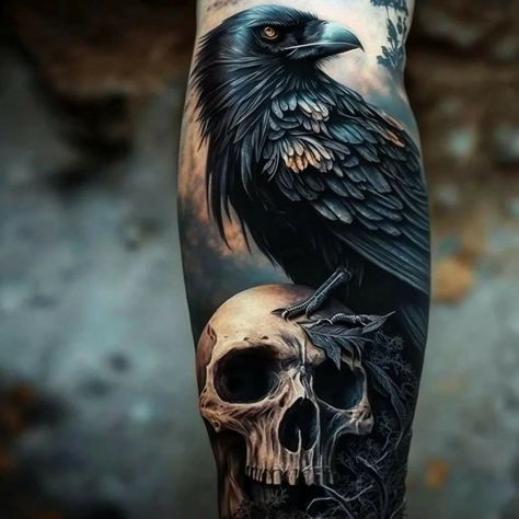 Blacked Out Half Sleeve Tattoo, Black Crow Tattoos, Tattoo Crane, Rabe Tattoo, Crow Tattoo Design, Viking Tattoo Sleeve, Black Bird Tattoo, Skull Sleeve Tattoos, Epic Tattoo