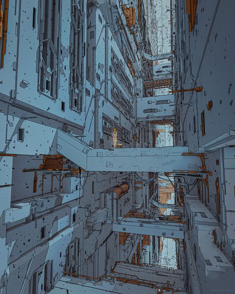 Blame and GITS Cyberpunk experiment of mine Scifi City, Brutalism Architecture, Sci Fi Environment, Perspective Art, Cyberpunk City, Background Drawing, City Illustration, Fantasy Places, Muted Tones