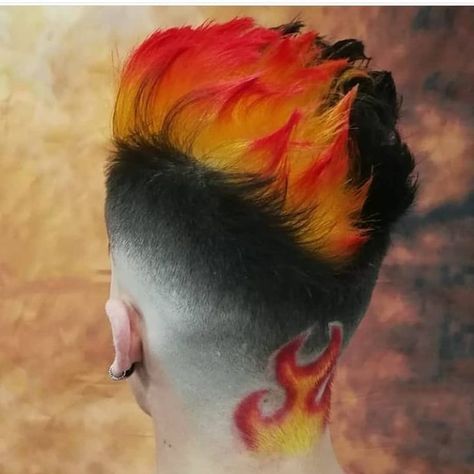 Fohawk Haircut Fade, Flame Hair, Hair Cut Guide, Curly Hair Fade, Dyed Hair Men, Shaved Hair Designs, Fire Hair, Mens Hairstyle, Tapered Hair