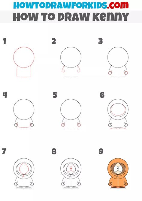 Kenny South Park Drawing Easy, Drawing South Park Characters, Pokemon Doodles Easy, How To Draw Cartoon Characters Easy, How To Draw Kenny From South Park, Easy South Park Drawings, How To Draw South Park Characters, Cartoon Drawings Step By Step, Easy Cartoon Drawings Step By Step