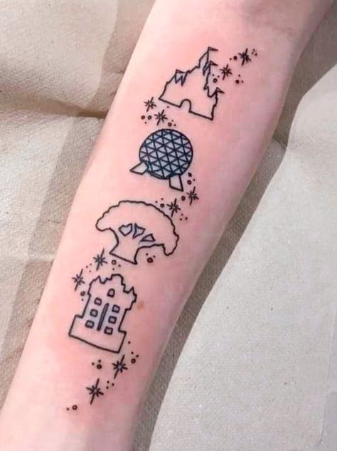 Disney Park Tattoo Ideas, Epcot Ball Tattoo, Theme Park Tattoo, Disney World Tattoo Ideas, Disney Park Tattoo, Epcot Tattoo Ideas, Disney Symbols Tattoo, Disney Finger Tattoo, Disney Line Tattoo