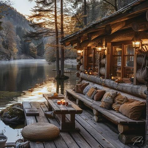 Cabin In The Middle Of Nowhere, Cabin On River, Virgin River Cabin, River Front Homes, Cozy Lake House, Cabin Hotel, Cottage On Lake, Muskoka Cottage, Log Cabin Interior