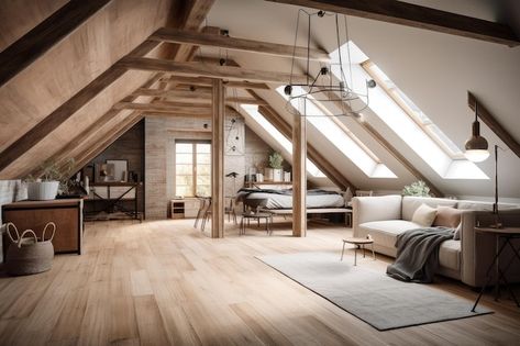 Attic Interior Design, Attic Living Room Sloped Ceiling, Wooden Attic, Attic With Big Window, Low Modern Attic Bed, Apartment Atic, Barn Loft Scandinavian, Attic Living Rooms, Attic Living Room