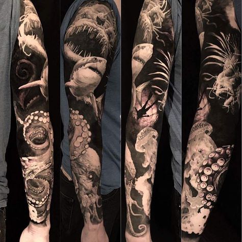 Sea Sleeve Tattoo Men, Deep Sea Sleeve Tattoo, Sea Creature Leg Sleeve, Scary Ocean Tattoo, Black And Grey Underwater Tattoo, Sea Life Tattoos Men, Shark And Octopus Tattoo, Ocean Tattoos Leg Sleeve For Women, Deep Sea Tattoo Sleeve