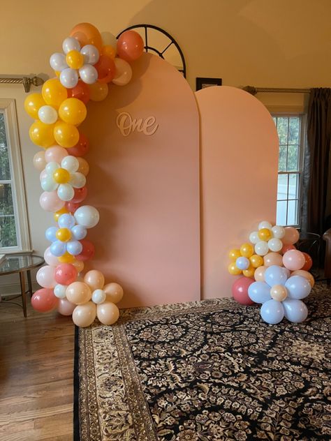 Balloons, backdrop, arches, first birthday, flower power, groovy one Diy Birthday Arch Backdrop, Arch Wall Balloon Garland, 1st Birthday Arch Backdrop, Balloon Arch On Wood Backdrop, Half Balloon Arch Backdrop, First Birthday Arch Backdrop, Groovy One First Birthday Backdrop, Wooden Arch Backdrop With Balloons, Groovy One Balloon Arch