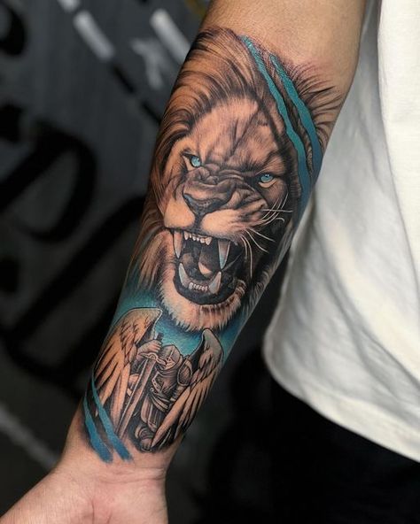 Lion Arm Tattoo Men Sleeve, Tatto For Man Men Tatoo, Arm Tattoo Designs Men, Loin Tattoos Design, Tattoos Men Forearm, Lion Tattoo Forearm, Loin Tattoos, Lion Arm Tattoo, Forearm Tattoos For Men