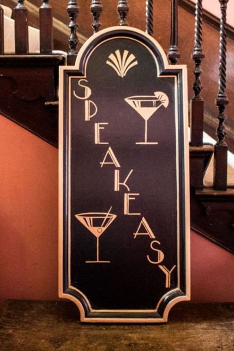 1920s Aesthetic Speakeasy, Roaring 20s Classroom Theme, Great Gatsby Speakeasy, Great Gatsby Casino Themed Party, Speakeasy Table Centerpieces, Gatsby Speakeasy Party, Roaring 20s Signs, Speakeasy Decorations Diy, Speakeasy Aesthetic Party