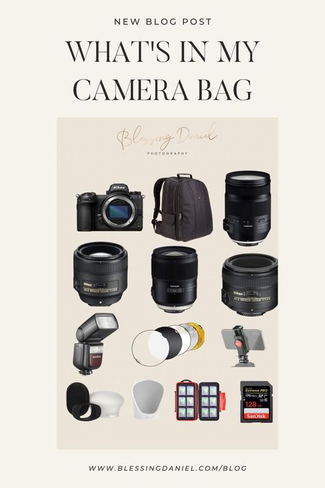 A list of my camera bag essentials, for my everyday lifestyle and portrait photoshoots. what's in my camera bag. the best gear for portrait photographer. lifestyle photographer. photography gear. must have photography gear, photography essentials gear. dallas fort worth photographer. dallas fort worth lifestyle photographer. Blessing Daniel Photography Camera Bag Essentials, Camera Essentials Photographers, What’s In My Camera Bag, Photography Necessities, Photographer Must Haves, Camera Gear Photography Equipment, Photographer Outfits, Photographer Essentials, Photographer Accessories