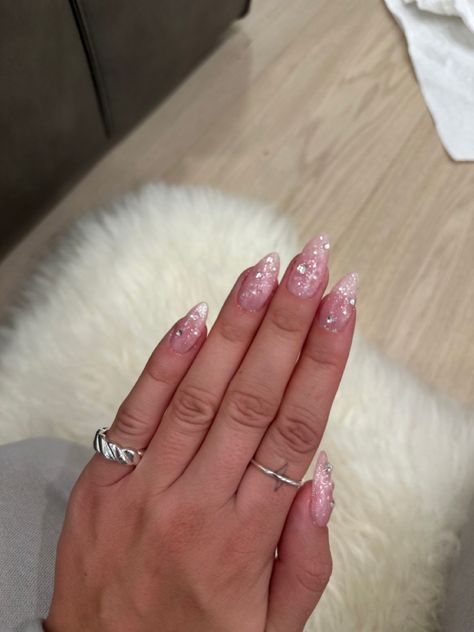 Gel-x nails with shimmery overlay with pearls and crystals ✨ Nails With Pearls And Rhinestones, Clear Glitter Nails, Sparkly Nails, Rhinestone Nails, Glitter Nails, Nail Inspo, Glitter, Nails, Crystals