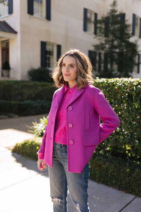 Magenta Roundup - Julia Berolzheimer Magenta Top Outfit, Ootd Magenta, Shades Of Magenta, Magenta Sweater, Magenta Top, Julia Berolzheimer, Styling Fashion, Skirts And Dresses, Mother Jeans