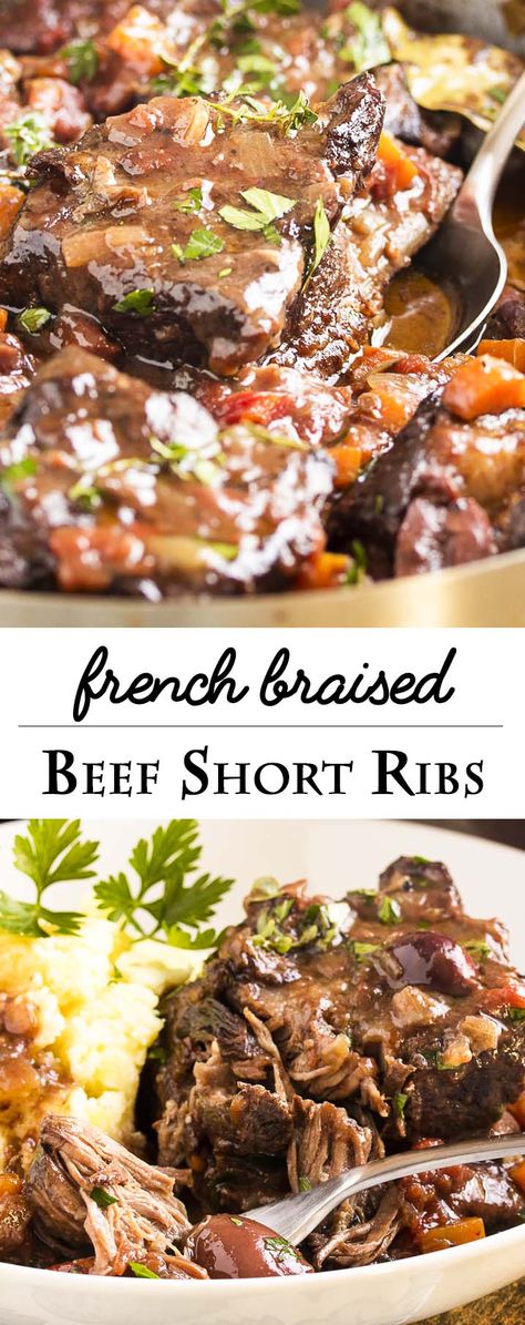 French Short Ribs Braised in Red Wine - Just a Little Bit of Bacon Beef Christmas Dinner, Braised Beef Short Ribs, Ribs In Oven, Healthy Winter Meals, Christmas Dinner Ideas, How To Cook Ribs, Slow Cooked Meals, Braised Short Ribs, French Dishes