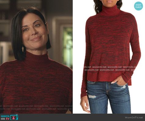 Cassie’s red space dye turtleneck sweater on Good Witch.  Outfit Details: https://wornontv.net/189762/ #GoodWitch Cassie Nightingale Style, Cassie Outfits, Cassie Nightingale, Witch Tv Shows, Cassie Style, Witch Outfits, Witch Sweater, Witch Style, Red Space