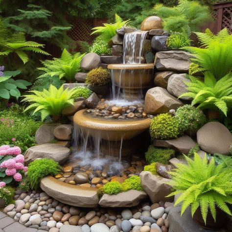 Backyard Corner Fountain Ideas, Garden Fountains Outdoor, Small Garden Waterfalls, Water Fountain Design, Fountain Garden, Rock Fountain, Diy Water Fountain, Diy Garden Fountains, Garden Waterfall