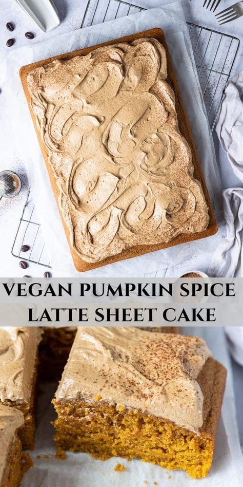 Vegan pumpkin spice latte cake - this easy vegan pumpkin sheet cake topped with fluffy coffee buttercream is dreamily soft, moist and delicious. It is full of warming Fall flavours and is a perfect cake for celebrations. Eggless and dairy-free. #vegancake #veganbaking #sheetcake #eggless Vegan Spice Cake, Pumpkin Spice Latte Cake, Fluffy Coffee, Vegan Pumpkin Spice Latte, Vegan Bakes, Crust Designs, Latte Cake, Thanksgiving Vegan, Fall Feast