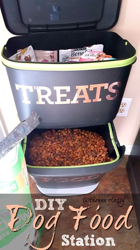 DIY Dog Food Station From An Upcycled Kitchen Recycler #ad #FeedDogsPurina Dog Food And Treat Organization, Diy Dog Station Ideas, Cute Dog Food Storage Ideas, Dog Food Organization Ideas, Dog Food Station Ideas, Diy Pet Food Storage, Dog Treat Storage Ideas, Dog Organization Station, Dog Storage Ideas