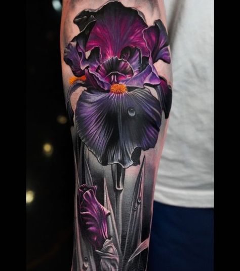 VIC VIVID 🇨🇴 on Instagram: "Dracula kiss iris flower 😈 Done using @fusion_ink @fkirons @kwadron @ohanaorganics" Forearm Cover Up Tattoos, Wörter Tattoos, Thumb Tattoos, Valkyrie Tattoo, Purple Tattoos, Iris Tattoo, Beautiful Tattoos For Women, Fusion Ink, Floral Tattoo Sleeve