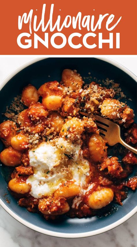 Millionaire Gnocchi! You're going to feel like a million bucks when eating this delicious Millionnaire Gnocchi! Pillowy gnocchi, melty herbed ricotta, fresh herbs, and surprise little crunches from the savory golden brown breadcrumbs you sprinkled on top. #gnocchi #pasta #redsauce Gnocchi Main Dish Recipes, Ideas For Gnocchi, Baked Gnocchi With Ricotta, Asian Gnocchi Recipes, Easy Simple Recipes Healthy, Gnocchi Recipes Ricotta Cheese, Gnocchi Lasagna Recipes, Millionaire Gnocchi, Gnocchi Vegetarian Recipes