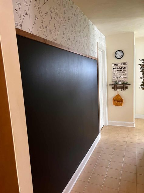 Chalk Wall Living Room, Chalkboard Wall Hallway, Chalkboard In Hallway, Half Wall Chalkboard Paint, Partial Chalkboard Wall, Hallway Chalkboard Wall, Chalk And White Board Wall, Modern Chalkboard Wall, Playroom With Chalkboard Wall