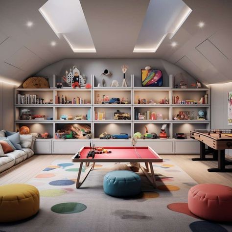 Ultimate Game Room Ideas for Perfect Gaming Experience Games Room Attic, Family Gaming Room Ideas, Family Game Room Design Cozy, Loft Gameroom Ideas Upstairs, Playroom Gameroom Combo, Modern Games Room, Teenager Game Room, Teenage Game Room, Game Room Office Combo