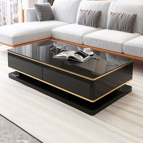 51" Black Rectangular Coffee Table with Storage 4 Drawers Tempered Glass Top Centre Table Design Luxury, Tipai Table, Sofa With Center Table, Gold Center Table, Center Table Ideas, Modern Centre Table Designs, Center Table Design, Modern Center Table, Centre Table Design