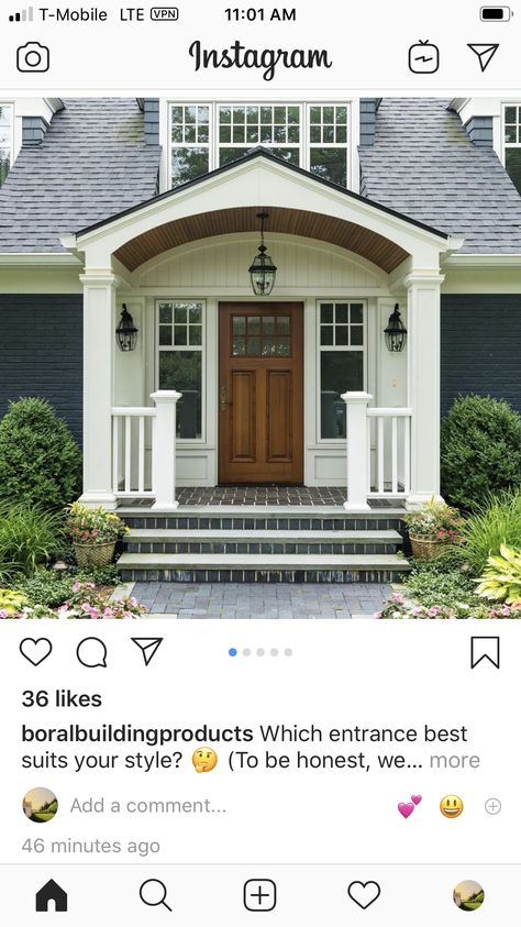 Portico Entry Lighting, Gambrel House Makeover, Front Porch With Portico, Covered Front Entry, Front Porch Roof Extension Ideas, Portico Brick House, Ground Level Front Porch, Arched Porch Entrance, Arch Entryway Exterior Porches