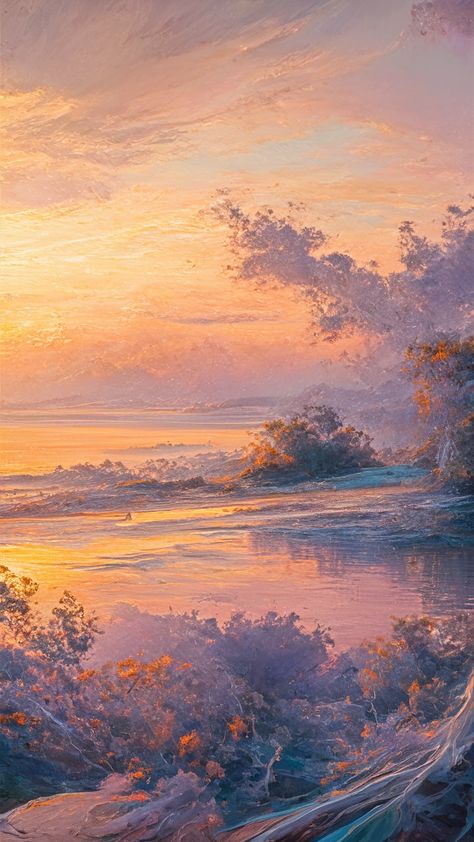 Experience the breathtaking beauty of dawn with our stunning sunrise wallpaper. Soft hues of orange, pink, and purple illuminate a calm sea, reflecting nature's vibrant colors. Inspired by Impressionism and Art Nouveau, this artwork captures the peace and renewal of a new day. Perfect for nature lovers and art enthusiasts, this wallpaper brings tranquility to your space. Keywords: sunrise wallpaper, landscape art, Impressionism, Art Nouveau, nature. Peach And Blue Aesthetic, Dreamy Sunset Aesthetic, Impressionism Wallpaper, Soft Victorian Aesthetic, Sunrise Wallpaper, Victorian Aesthetic, Pink Sunset, Impressionist Paintings, Painting Wallpaper