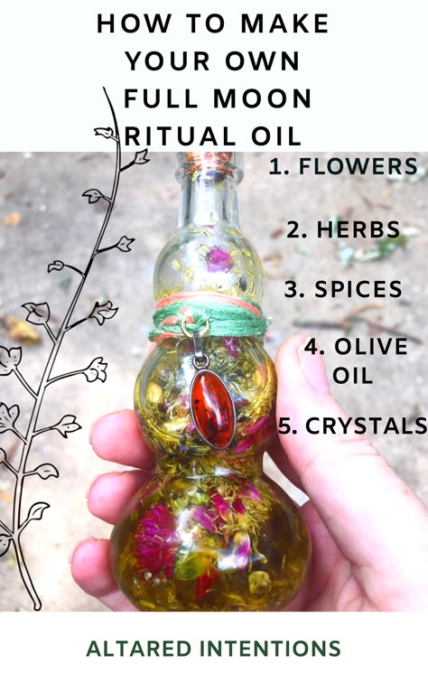 A simple recipe to make your own Full Moon Ritual Oil, for anointing candles, crystals, and even yourself during rituals #rituals #oil #spells #magick #fullmoon #witch #crystals What To Do With Spell Jars, Intention Oil Recipes, Ritual Oil Recipes, Oil Spells, Abundance Spell, Witch Crystals, Spell Bottles, Candles Crystals, Moon Spells