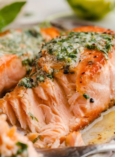 Pan Seared Salmon - Chefjar Salmon Recipes Pan Seared, Pan Fried Salmon, Lime Salmon, Fried Salmon, Salmon Dinner, Pan Seared Salmon, Seared Salmon, Herb Butter, Lime Zest