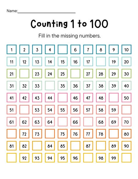 Practice counting to 100 while gauging your student/childs' knowledge by filling in the missing numbers. Purchase, print, and practice as many times as needed! Kindergarten Counting, Number Words Worksheets, Rhyming Words Worksheets, Counting Worksheet, Numbers 1 100, Kindergarten Phonics Worksheets, Counting To 100, Counting Worksheets, 1 To 100