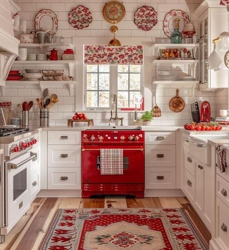 Red White Kitchen, White And Red Kitchen Ideas, Red White And Blue Kitchen, Farmhouse Red Kitchen, Red Gingham Kitchen, Red Vintage Kitchen, Red Accent Kitchen, Red And White Kitchen Ideas, Red Farmhouse Kitchen