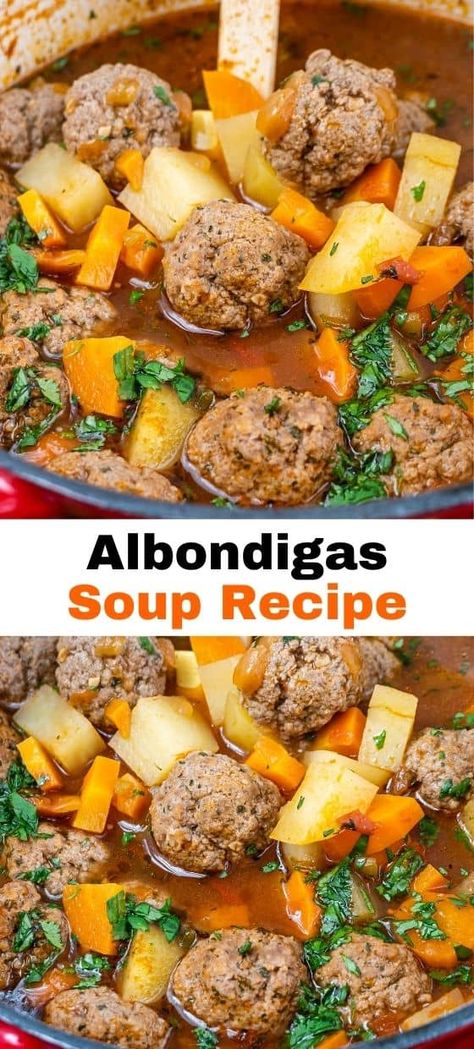 Albondigas Soup is a hearty Mexican dish featuring savory meatballs and a flavorful broth, garnished with fresh vegetables and herbs. If you crave a taste of traditional Mexican cuisine, be sure to check out this Albondigas Soup recipe and follow us for more delicious recipes to satisfy your cravings. Abondagus Soup, Albondigas Soup Recipe Mexican, Meatballs Soup, Cooked Onions, Mexican Soups, Albondigas Soup Recipe, Albondigas Soup, Mexican Soup Recipes, Mexican Comfort Food