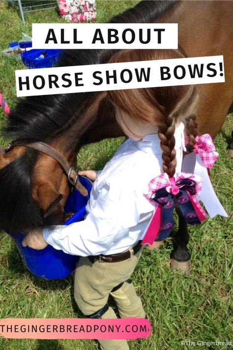 Why do young girls wear hair bows as part of their horse show outfits? Does the color, design or size of a show bow matter? Check out this informative post that shares more information on horse show hair bows. These bows range from simple pieces of ribbon to artfully crafted bows that you can make or purchase online. Lots of good horse show info in here! #horseshow #showbows #equestrian #thegingerbreadpony #ponies #horses Horse Show Bows Diy, Horse Girl Hairstyles, Horse Show Hairstyles, Equestrian Hairstyles, Horse Show Outfits, Parts Of A Horse, Saddleseat Riding, Horse Show Bows, Horse Show Ribbons