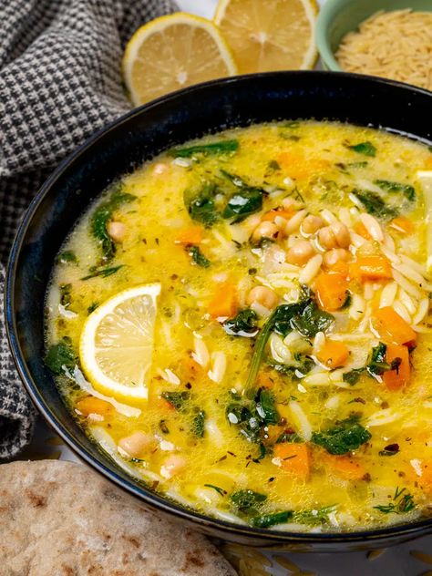 Lemon Veggie Soup, Orzo Soup Vegetarian, Greek Lemon Orzo Soup, Vegan Avgolemono, Greek Lemon Orzo, Vegan Cocotte, Gfdf Recipes, Greek Lemon Soup, Lemon Orzo Soup