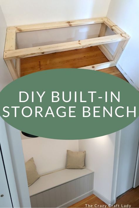 Follow this easy, budget-friendly tutorial to make a built-in storage bench – How to build a dormer window storage bench with a piano hinge using just 2x4s and plywood. How To Build A Built In Bench With Storage, Built In Closet Bench With Storage, Build A Built In Bench, Storage Bench In Closet, Easy Built In Bench, Diy Bench Hallway, Build Bench With Storage, Building A Storage Bench, Built In Storage Bench Entryway