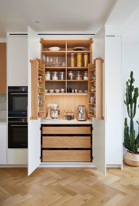 Turning chaos into culinary harmony - where every spice and ingredient finds its perfect place! #pantrygoals #organisedkitchen #scandikitchen https://www.solakitchens.com/larders-and-workstations/ Ikea Kitchen Larder, Pantry Press, Small Larder, Modern Pantry Cabinet, Double Door Larder, Larder Organisation, Larder Cupboard Ideas, Very Small Kitchen, Practical Kitchen Ideas